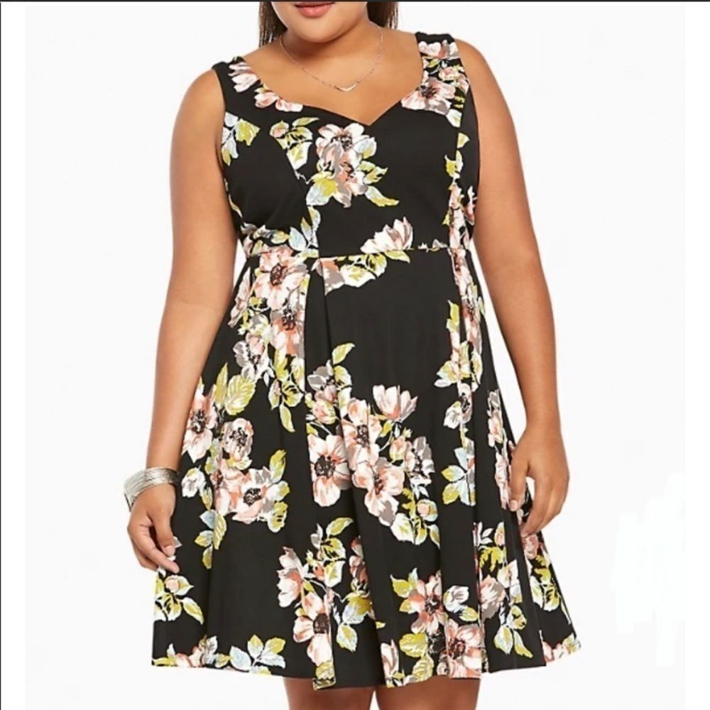 TORRID Floral Print Ponte Pleated Skater Dress